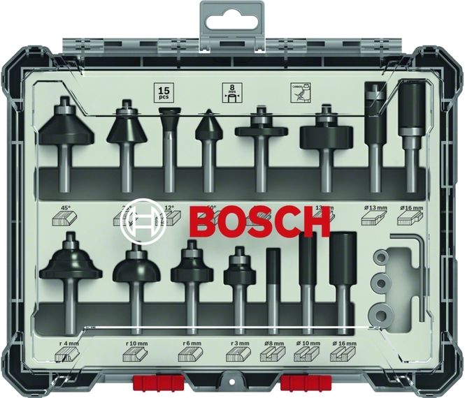 Hovedbilde Bosch fresesett HM Mixed 8mm 15 deler